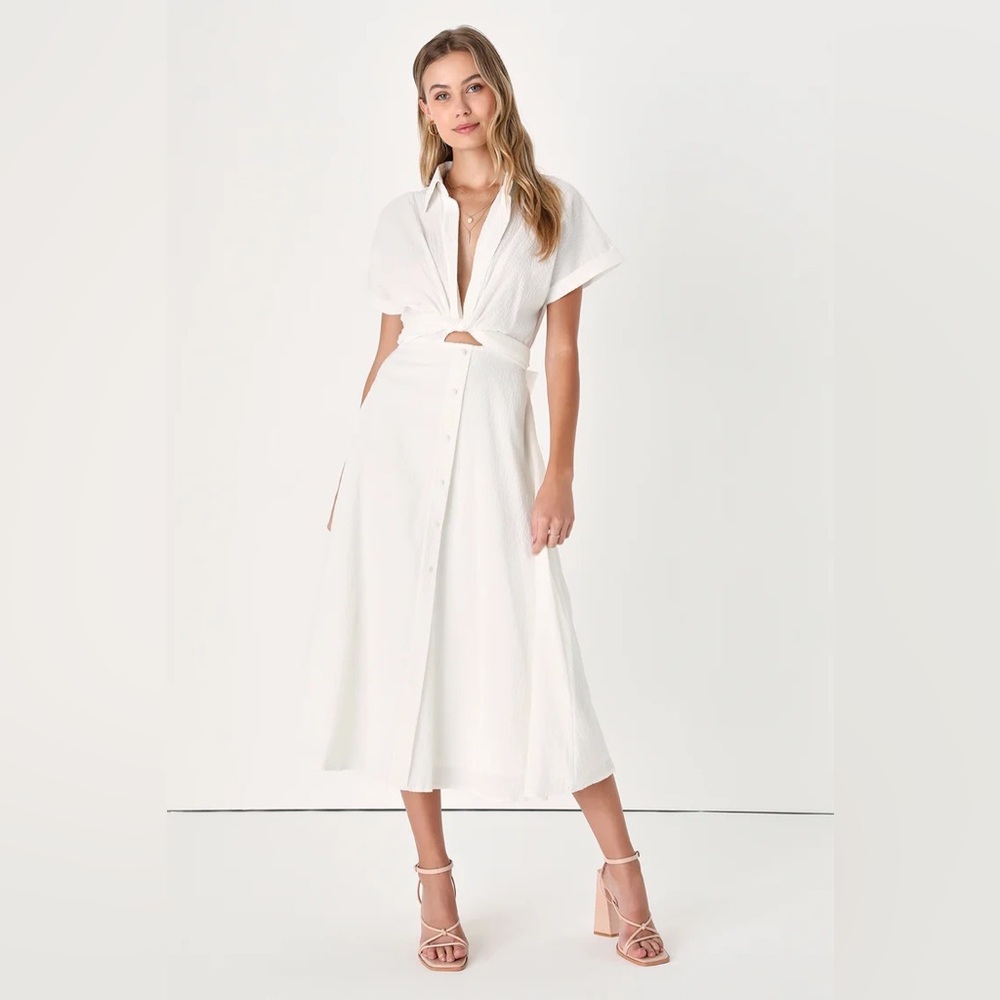 Palermo Perfection White Collared Midi Dress with Pockets